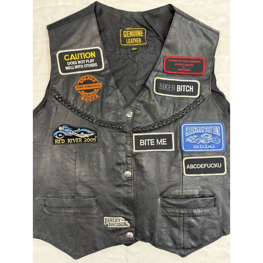 Vintage Genuine Leather Vest Women 2XL Biker Motorcycle Patches Lace Up Hardcore